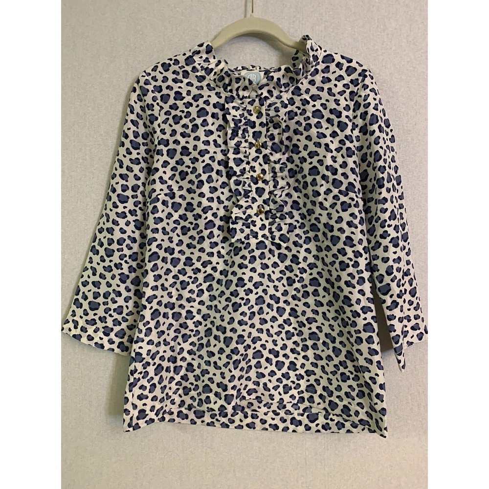 Devon Baer Silk Blouse Womens S Blue Leopard Ruffle Neck Gold Button Tunic Chic